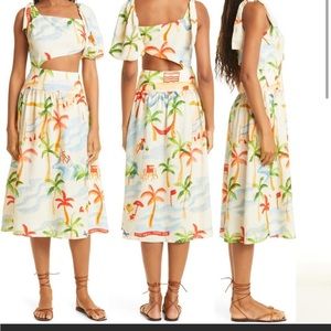 Farm Rio Copacabana Asymmetric Sleeve Side Cutout Linen Blend Dress NEW